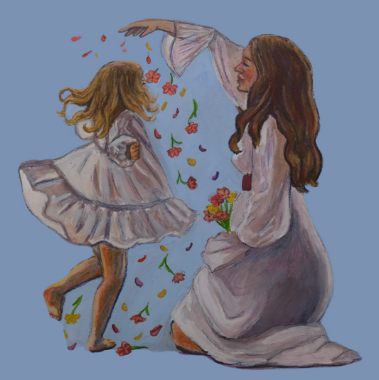 Illustration of a woman and a child on a blue background
